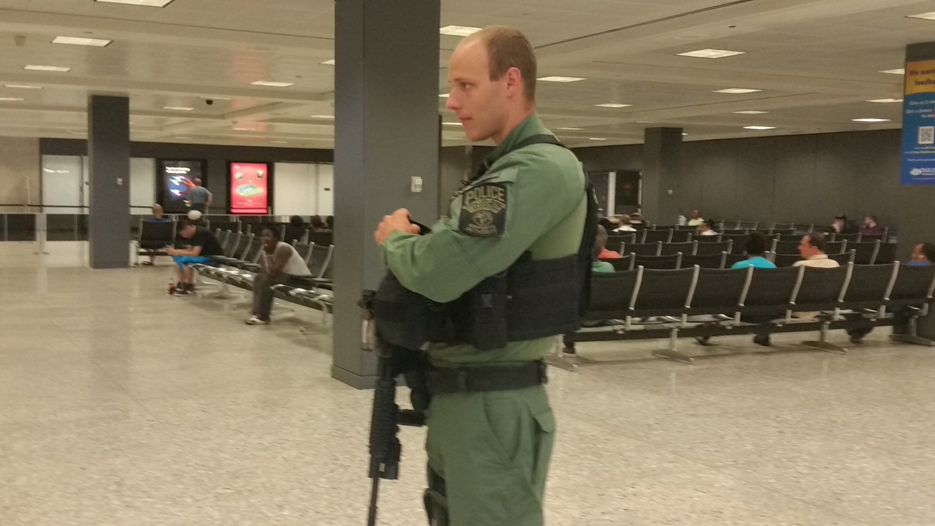 Increased security is seen  at Dulles International Airport on Wednesday, June 29, 2016, a day after terror attacks killed dozens at the airport in Istanbul. (WTOP/Kathy Stewart)