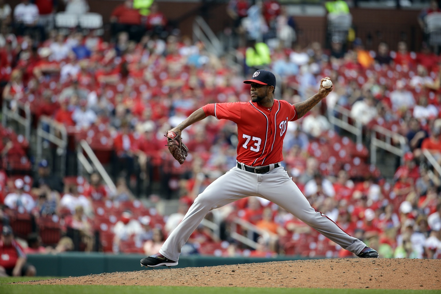 Washington Nationals relief pitcher Felipe Rivero throws during the eighth inning of a baseball game against the St. Louis Cardinals Sunday, May 1, 2016, in St. Louis. (AP Photo/Jeff Roberson)