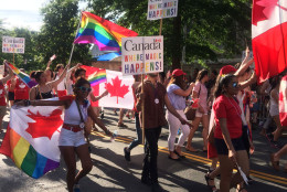 The D.C. Gay Pride Parade wound its way around Dupont Circle. This is a contingent from Canada, waving their various flags. (WTOP/Dick Uliano)