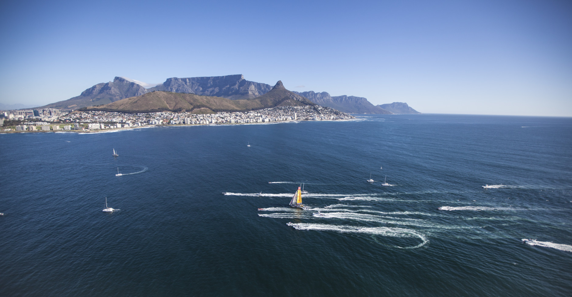 CAPE TOWN, SOUTH AFRICA - NOVEMBER 05: In this handout image provided by the Volvo Ocean Race, Abu Dhabi Ocean Racing coming into Cape Town to take first place during the arrivals at the completion of Leg 1 of the Volvo Ocean Race from Alicante to Cape Town on November 05, 2014 in Cape Town, South Africa. The Volvo Ocean Race 2014-15 is the 12th running of this ocean marathon, starting from Alicante, Spain on October 11, the route, spans some 39,379 nautical miles and visits 11 ports in 11 countries (Spain, South Africa, United Arab Emirates, China, New Zealand, Brazil, United States, Portugal, France, the Netherlands and Sweden) over nine months. The Volvo Ocean Race is the world's premier ocean race for professional racing crews. (Photo by Ainhoa Sanchez/Volvo Ocean Race via Getty Images)