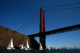 SAN FRANCISCO, CA - SEPTEMBER 18:  Boats in the J/105 class race under the Golden Gate Bridge during race 3 of the Rolex Big Boat Series in San Francisco Bay on September 18, 2015 in San Francisco, California.  (Photo by Ezra Shaw/Getty Images)
