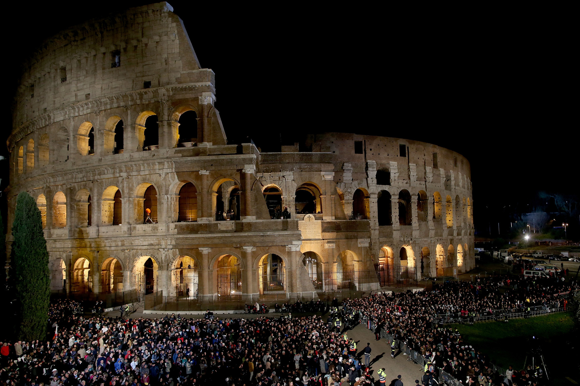VATICAN CITY, VATICAN - MARCH 25:  A general view of the Colosseum during the Way of The Cross celebrated by Pope Francis on March 25, 2016 in Vatican City, Vatican. The Way of the Cross is a centuries-old and much beloved devotion, that began as a sort of spiritual pilgrimage to the places and scenes and events of Christ passion for those who could not make the pilgrimage to the Holy Land in person, as well as for those who had made it and wished to relive their experience, and for those who were preparing for the journey.  (Photo by Franco Origlia/Getty Images)
