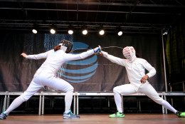 NEW YORK, NY - APRIL 27:  Jason Pryor and Kat Holmes take part in a fencing demonstration during Team USA's Road to Rio Tour presented by Liberty Mutual on April 27, 2016 in New York City. The event marks 100 days until the Opening Ceremony of the Rio 2016 Olympic Games.  (Photo by Ed Mulholland/Getty Images for USOC)