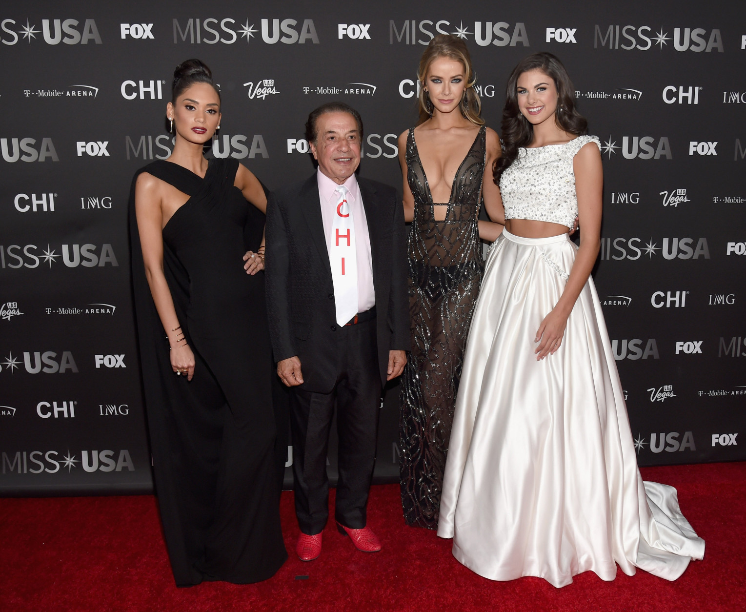 LAS VEGAS, NV - JUNE 05:  (L-R) Miss Universe 2015 Pia Wurtzbach, Farouk Systems founder Farouk Shami, Miss USA 2015 Olivia Jordan and Miss Teen USA 2015 Katherine Haik attend the 2016 Miss USA pageant at T-Mobile Arena on June 5, 2016 in Las Vegas, Nevada.  (Photo by Ethan Miller/Getty Images)