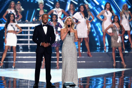 LAS VEGAS, NV - JUNE 05:  Hosts Terrence J (L) and Julianne Hough speak onstage during the 2016 Miss USA pageant at T-Mobile Arena on June 5, 2016 in Las Vegas, Nevada.  (Photo by Ethan Miller/Getty Images)