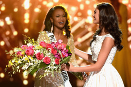 LAS VEGAS, NV - JUNE 05:  Miss District of Columbia USA 2016 Deshauna Barber (L) is congratulated by Miss Teen USA 2016 Katherine Haik as she is named Miss USA 2016 during the 2016 Miss USA pageant at T-Mobile Arena on June 5, 2016 in Las Vegas, Nevada.  (Photo by Ethan Miller/Getty Images)
