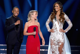 LAS VEGAS, NV - JUNE 05:  Miss Hawaii USA 2016 Chelsea Hardin (R) competes in the interview portion as hosts Terrence J (L) and Julianne Hough (C) speak onstage during the 2016 Miss USA pageant at T-Mobile Arena on June 5, 2016 in Las Vegas, Nevada.  (Photo by Ethan Miller/Getty Images)
