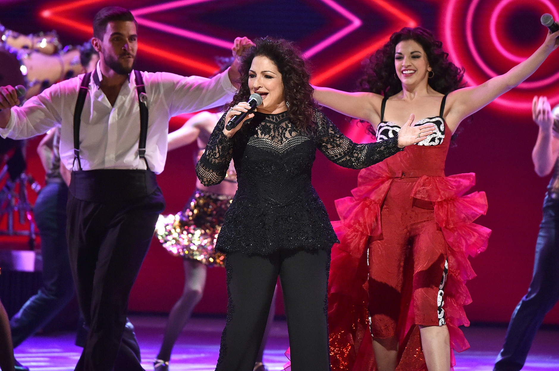 NEW YORK, NY - JUNE 12:  Josh Segarra, Gloria Estefan and Ana Villafane of 'On Your Feet!' perform onstage during the 70th Annual Tony Awards at The Beacon Theatre on June 12, 2016 in New York City.  (Photo by Theo Wargo/Getty Images for Tony Awards Productions)