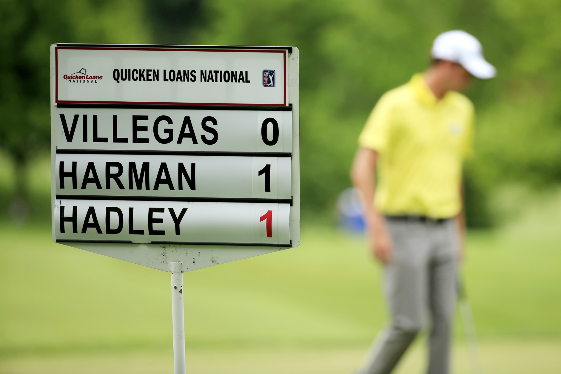 BETHESDA, MD - JUNE 23:  A view of the leaderboard as Chesson Hadley prepares to putt on the fourth green during the first round of the Quicken Loans National at Congressional Country Club on June 23, 2016 in Bethesda, Maryland.  (Photo by Rob Carr/Getty Images)