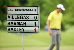 BETHESDA, MD - JUNE 23:  A view of the leaderboard as Chesson Hadley prepares to putt on the fourth green during the first round of the Quicken Loans National at Congressional Country Club on June 23, 2016 in Bethesda, Maryland.  (Photo by Rob Carr/Getty Images)