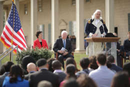MOUNT VERNON, VA - FEBRUARY 22:  Dean Malissa (C) portrays President George Washington as he delivers remarks during a natrualization ceremony at George Washington's Mount Vernon February 22, 2017 in Mount Vernon, Virginia. Wednesday marks the 285th anniversary of the birth of George Washington, Revolutionary War general and the first president of the United States of America. Built on land belonging to Washington's family, the Mount Vernon Estate became the sole property of Washington in 1761 and was his country home until his death in 1799.  (Photo by Chip Somodevilla/Getty Images)
