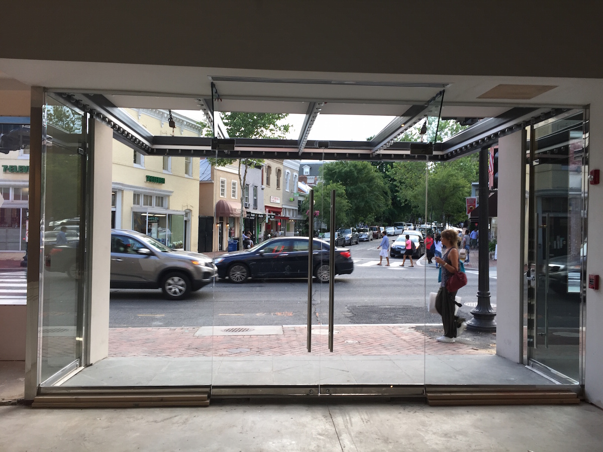 Here's a look out the glass front doors. The owner hopes to lease this part of the building to a restaurant or a retail store. (WTOP/Michelle Basch)