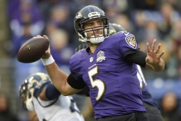 FILE - In this Nov. 22, 2015, file photo, Baltimore Ravens quarterback Joe Flacco passes the ball during the second half of an NFL football game against the St. Louis Rams, in Baltimore. The Ravens and Joe Flacco have agreed on a contract extension that will keep the quarterback with the team through the 2021 season. Flacco and the Ravens agreed on a three-year extension Wednesday, March 2, 2016. (AP Photo/Nick Wass, File)