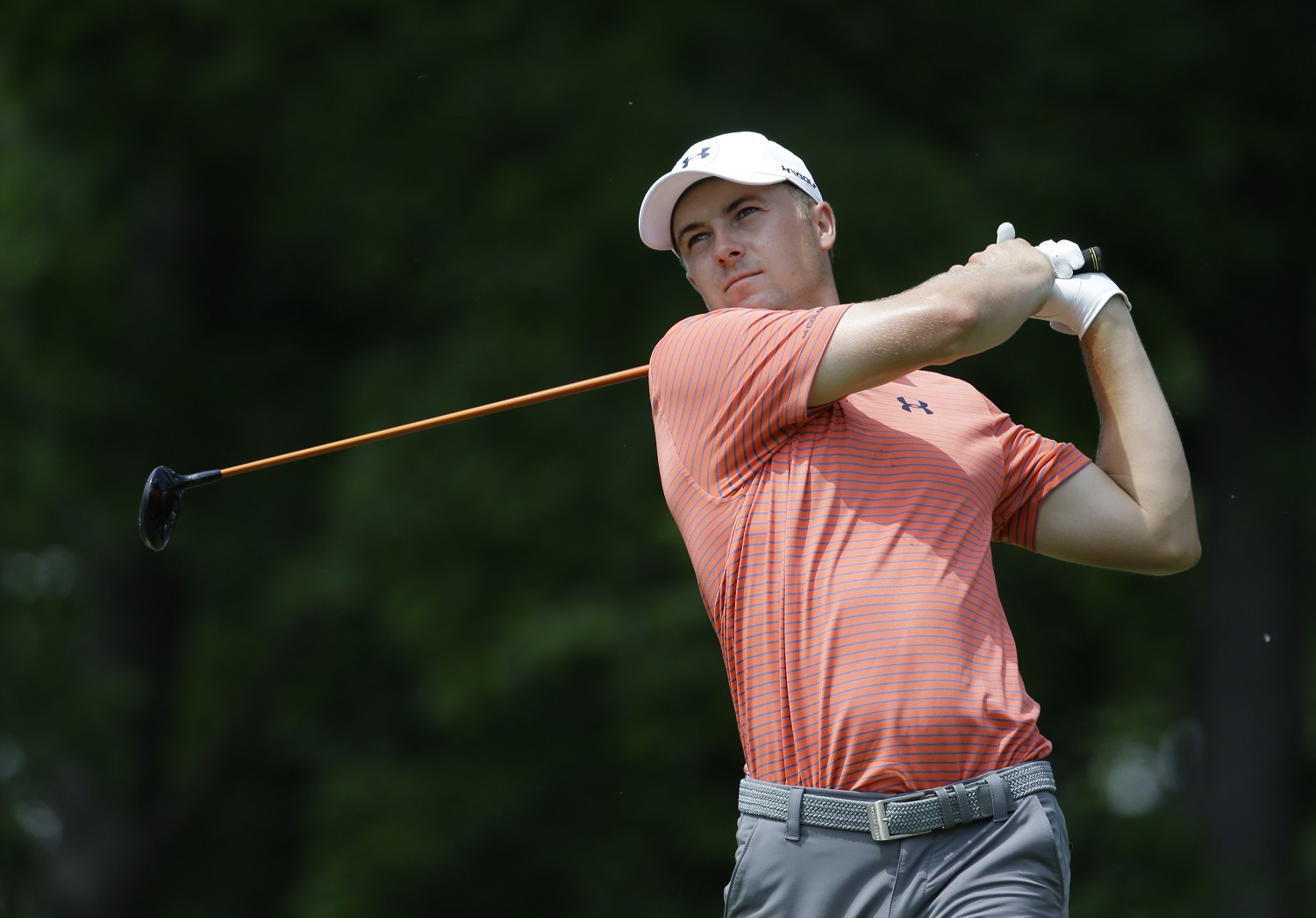 Jordan Spieth watches his tee shot on the ninth hole during the second round of the Memorial golf tournament, Friday, June 3, 2016, in Dublin, Ohio. (AP Photo/Darron Cummings)