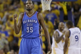 Oklahoma City Thunder forward Kevin Durant (35) reacts during the second half of Game 7 of the NBA basketball Western Conference finals against the Golden State Warriors in Oakland, Calif., Monday, May 30, 2016. (AP Photo/Marcio Jose Sanchez)