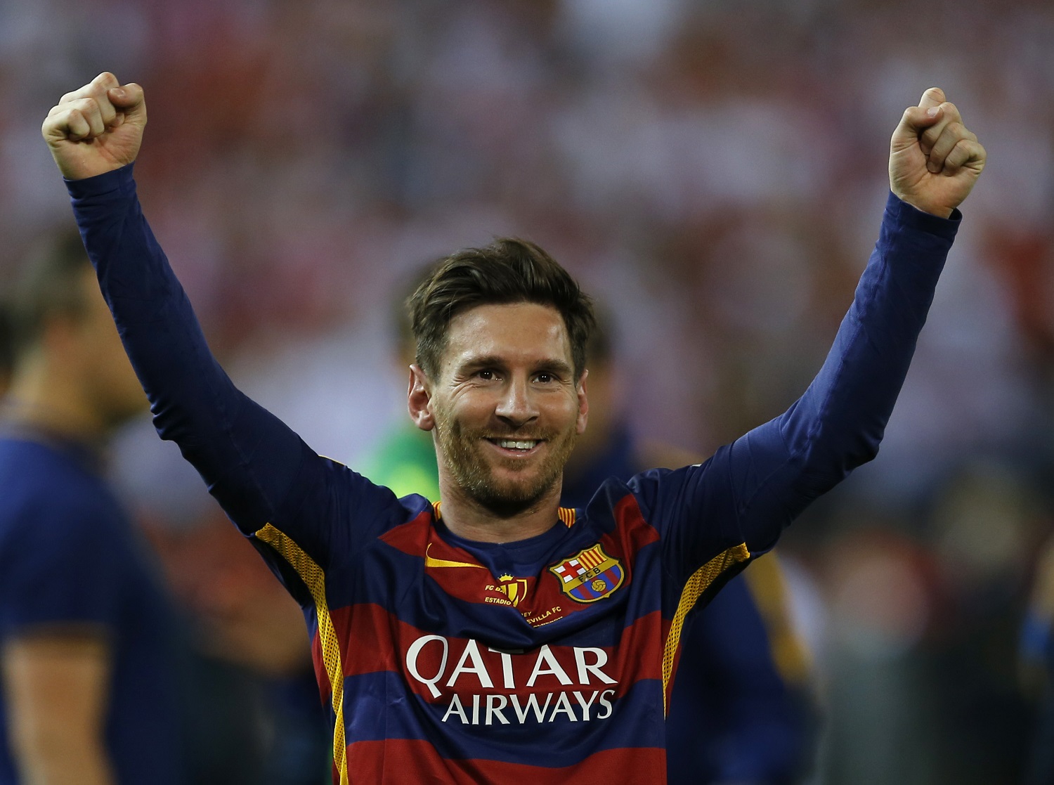 Barcelona's Lionel Messi celebrates after winning the final of the Copa del Rey soccer match between FC Barcelona and Sevilla FC at the Vicente Calderon stadium in Madrid, Sunday, May 22, 2016. Barcelona won 2-0 (AP Photo/Francisco Seco)