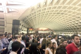 Rail riders crowd the platform at the L’Enfant Plaza Metro station, where the evening commute was plagued by major delays.  (Courtesy Spencer Brown via Twitter) 