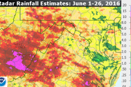 This graphic shows radar-estimated rainfall totals from all the systems and thunderstorms so far this month. The month started out rather dry, but recent storms have helped. As of Sunday evening, Washington-Reagan National’s rainfall total was 2.46 inches for June, which is 0.82 inches below average. Not a drought, but there may be a few brown patches in a few lawns.  Notice the rainfall amounts in southern West Virginia that were a result of those “trains” of thunderstorm complexes last week that led to the catastrophic flash flooding. Those locations will not need any rain for a while but they could get some more in the next few days. (Advanced Hydrologic Prediction Service/NOAA)