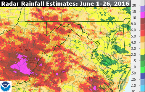 This graphic shows radar-estimated rainfall totals from all the systems and thunderstorms so far this month. The month started out rather dry, but recent storms have helped. As of Sunday evening, Washington-Reagan National’s rainfall total was 2.46 inches for June, which is 0.82 inches below average. Not a drought, but there may be a few brown patches in a few lawns.  Notice the rainfall amounts in southern West Virginia that were a result of those “trains” of thunderstorm complexes last week that led to the catastrophic flash flooding. Those locations will not need any rain for a while but they could get some more in the next few days. (Advanced Hydrologic Prediction Service/NOAA)