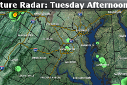 Tuesday’s storms with the second front don’t appear to be affecting many, so they will be very widely scattered.  (Data: The Weather Company/Graphics: Storm Team 4/WTOP)