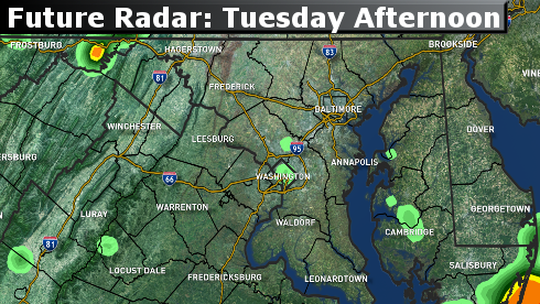 Tuesday’s storms with the second front don’t appear to be affecting many, so they will be very widely scattered.  (Data: The Weather Company/Graphics: Storm Team 4/WTOP)