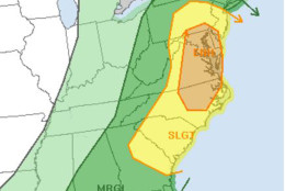The Storm Prediction Center has placed the region under an "Enhanced" risk for severe thunderstorms on Sunday, June 5, 2016, indicated by the orange-shaded part of the graphic. (NOAA/Storm Prediction Center)