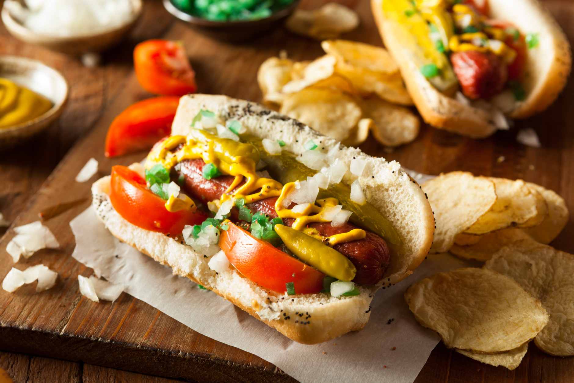 Homemade Chicago Style Hot Dog with Mustard Relish Tomato and Onion