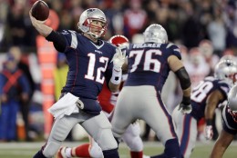 New England Patriots quarterback Tom Brady (12) passes against the Kansas City Chiefs in the first half of an NFL divisional playoff football game, Saturday, Jan. 16, 2016, in Foxborough, Mass. (AP Photo/Charles Krupa)