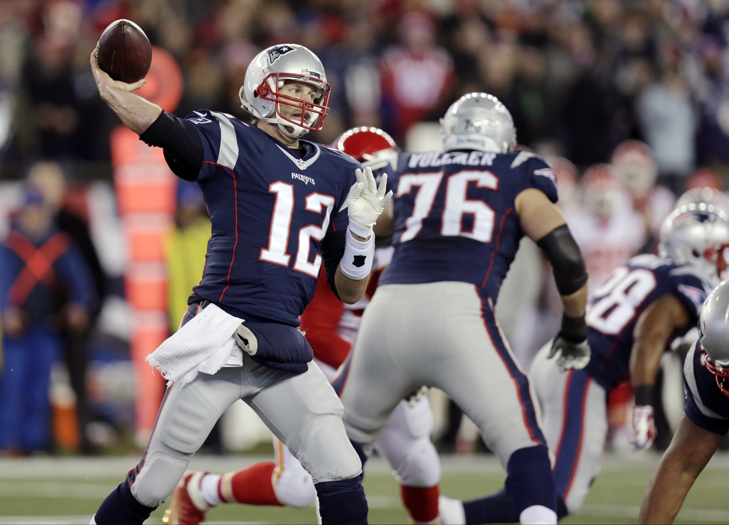 New England Patriots quarterback Tom Brady (12) passes against the Kansas City Chiefs in the first half of an NFL divisional playoff football game, Saturday, Jan. 16, 2016, in Foxborough, Mass. (AP Photo/Charles Krupa)