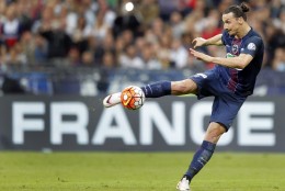 PSG's Zlatan Ibrahimovic kicks the ball during the French Cup final soccer match between Marseille and PSG at the Stade de France Stadium, in Saint Denis, North of Paris, Saturday, May 21, 2016. (AP Photo/Francois Mori)