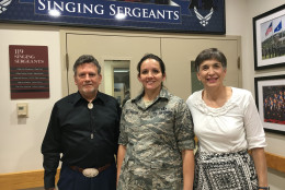 Retired SMSgt. Ted Lewis (right) and Retired SMSgt. Barbara Lewis will perform in the U.S. Air Force Band alumni concerts alongside their daughter, MSgt. Emily Wellington (middle). (WTOP/Jamie Forzato)