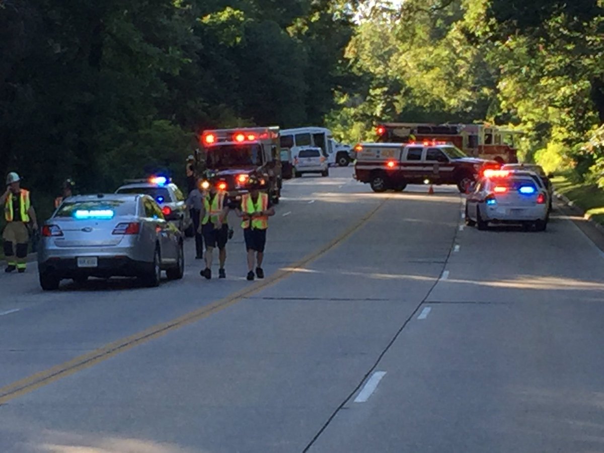 A  bus passenger died in crash involving a Mini Cooper on June 14, 2016. The bus was traveling north on the the George Washington Memorial Parkway when it struck the southbound car near Stratford Lane. (WTOP/Michelle Basch)