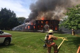 A house in the 14000 block of Gorky Drive in Potomac caught fire around 2 p.m. By the time firefighters responded, the flames had already moved from the garage up to the roof, said Montgomery County Fire & Rescue spokesman Pete Piringer. (Courtesy Pete Piringer/Montgomery County Fire & Rescue) 
