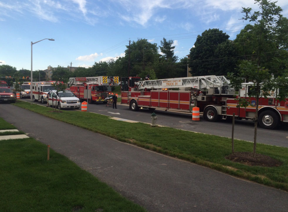 The 9700 to 9800 block of Fields Road in Gaithersburg, Maryland was closed due to a gas leak on June 6, 2016 (Pete Piringer/Maryland Fire and Rescue)