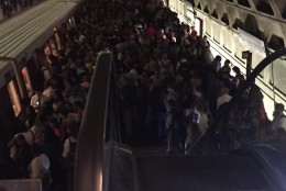 Many riders found themselves stuck in the crowd at the L’Enfant Plaza Metrorail station on Thursday, June 23, 2016. A track problem near an adjacent station triggered delays during evening rush hour. (Courtesy Lindey Haake )