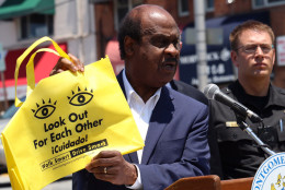 Montgomery County Executive Ike Leggett urges pedestrians and drivers to be cautious when navigating parking lots during the launch of a new safety campaign in Wheaton on Thursday. Parking lot collisions involving pedestrians jumped 17 percent last year. (WTOP/Kate Ryan)