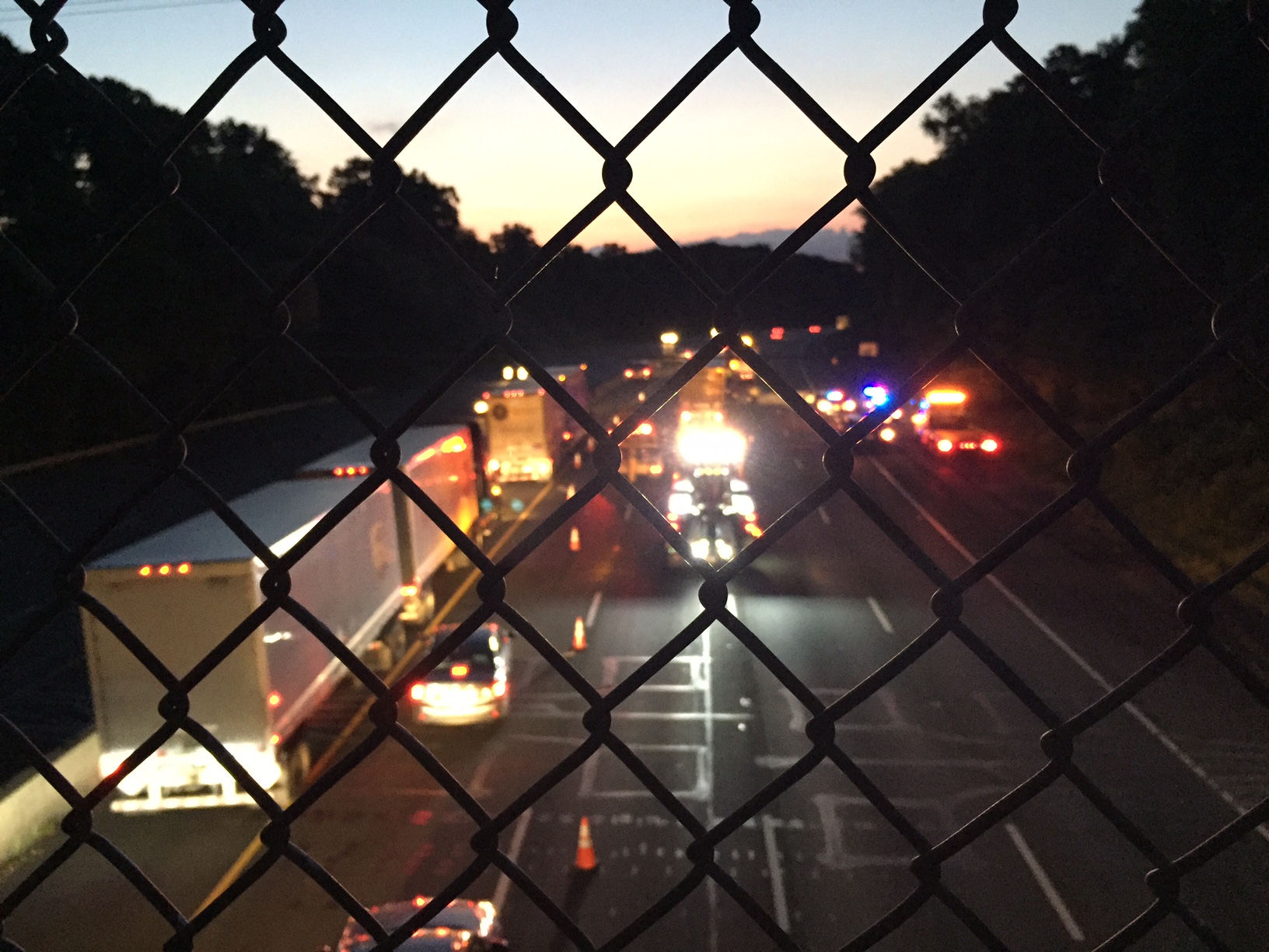 A two-vehicle accident halted traffic on the Inner Loop of I-495 in Montgomery County by Persimmon Tree Lane early Saturday, June 18.  (Dennis Foley/WTOP)