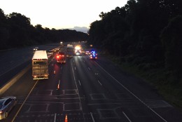 A woman has serious injuries when her car was struck by a truck on the Inner Loop of I-495 by Persimmon Tree Lane early Saturday, June 18. (Dennis Foley/WTOP)