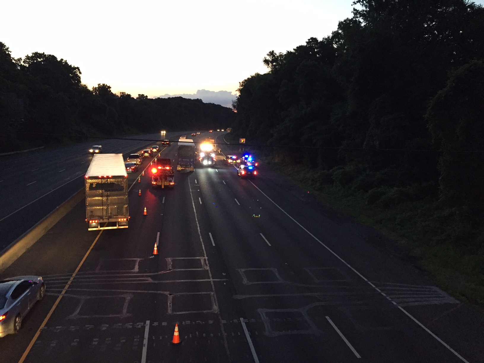 A woman has serious injuries when her car was struck by a truck on the Inner Loop of I-495 by Persimmon Tree Lane early Saturday, June 18. (Dennis Foley/WTOP)