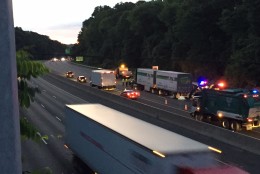 An two-vehicle accident halted traffic on the Inner Loop of I-495 in Montgomery County by Persimmon Tree Lane early Saturday, June 18.  (Dennis Foley/WTOP)