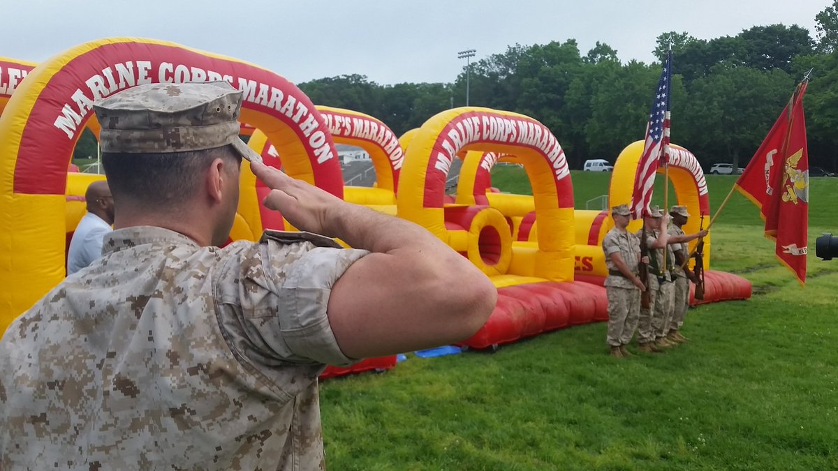 Marines fly the colors at Quantico Marine Base prior to the 2016 Run Amuck event on Saturday, June 4, 2016. (WTOP/Kathy Stewart via Twitter)