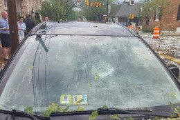 Hail damages a car outside the Red Fox Inn in Middleburg, Virginia on June 16, 2016. (Image sent in to talkback@WTOP.com)