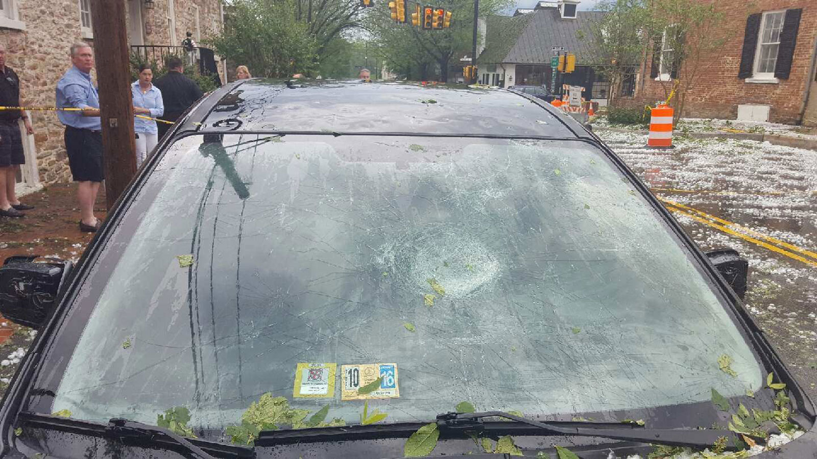 Hail damages a car outside the Red Fox Inn in Middleburg, Virginia on June 16, 2016. (Image sent in to talkback@WTOP.com)