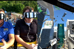 The wireless headsets give riders high-resolution imagery and 360-degree views that sync to the action of the coaster, which is shown here in this split screen. (Courtesy Six Flags America)