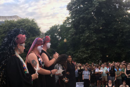 Among the speakers at the vigil was the DC chapter of the Sisters of Perpetual Indulgence. Written on one of the members' face was "love wins." (WTOP/Mike Murillo)