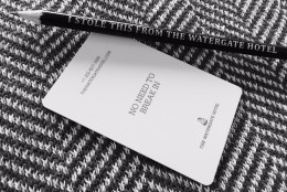 The key card and pencil pay homage to the Watergate Hotel's 1972 political scandal. (WTOP/Neal Augenstein)