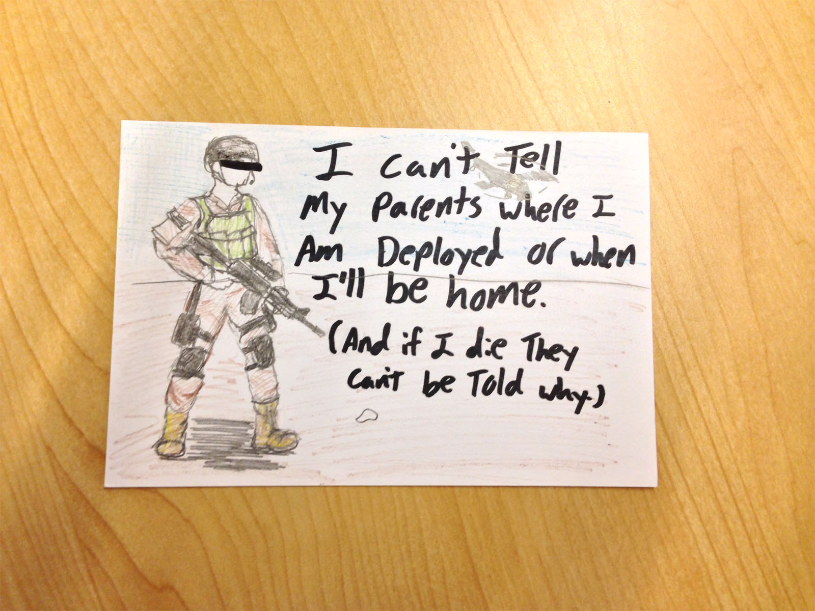 One of the PostSecret postcards shared by founder Frank Warren. (WTOP photo/Jack Moore)