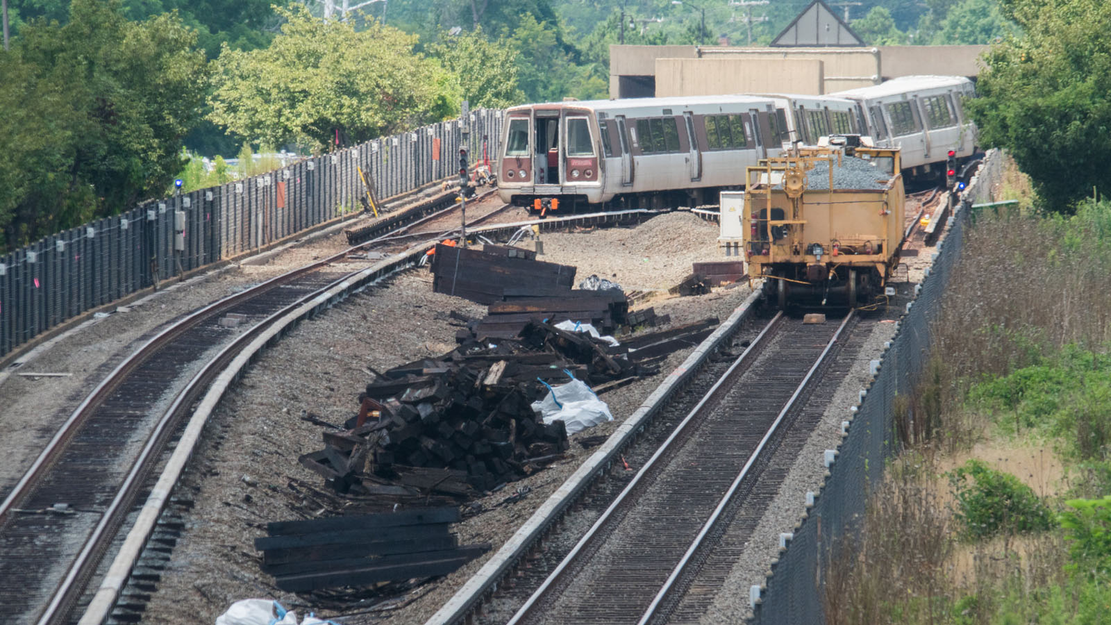 The derailed Silver Line train outside the East Falls Church Metro station. (John Sonderman)