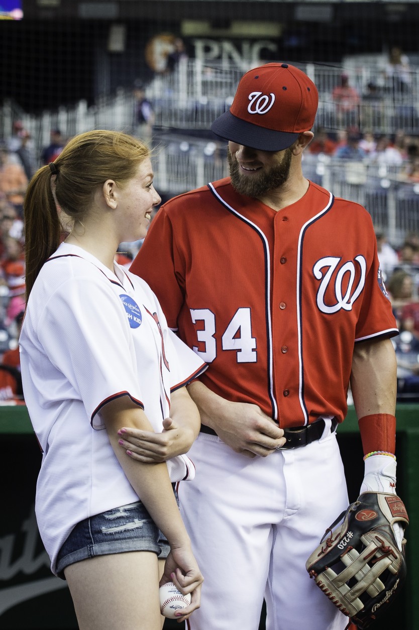 Bryuce Harper and Kaylan, of Gaithersburg, before a Nats game at Nationals Park on July 2.  (Photo by Patrick McDermott for the Washington Nationals Baseball Club)