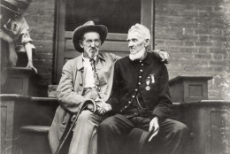 ** ADVANCE FOR SUNDAY MAY 21 AND THEREAFTER ** This photograph from the Library of Congress provided by Abrams Books shows an unidentified Confederate and Union soldier in a photo titled "The Blue and the Grey at Gettysburg, Assembly Tent" on the 50th anniversary reunion at Gettysburg, Penn., in 1913. The image is one of nearly 500 photographs, lithographs, paintings, drawings and cartoons from the Library of Congress's collection published in a new volume, "The American Civil War - 365 Days".  (AP Photo/Library of Congress)